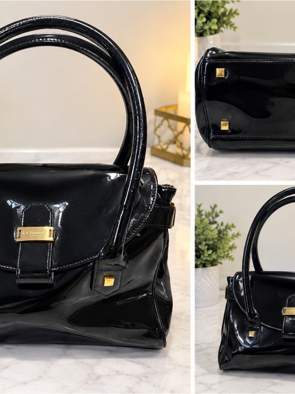 LK Bennett Black Patent Satchel with Gold Accents